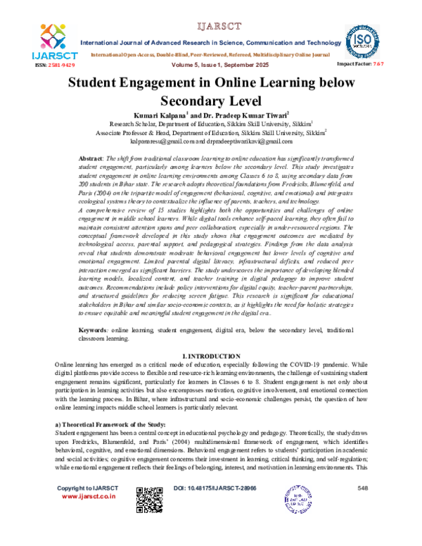 (PDF) Student Engagement in Online Learning below Secondary Level