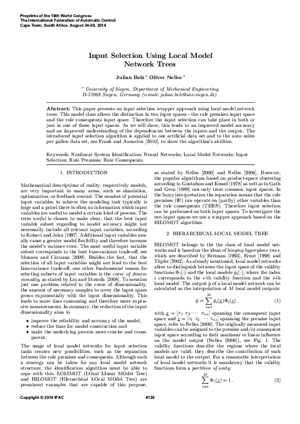(PDF) Input Selection Using Local Model Network Trees