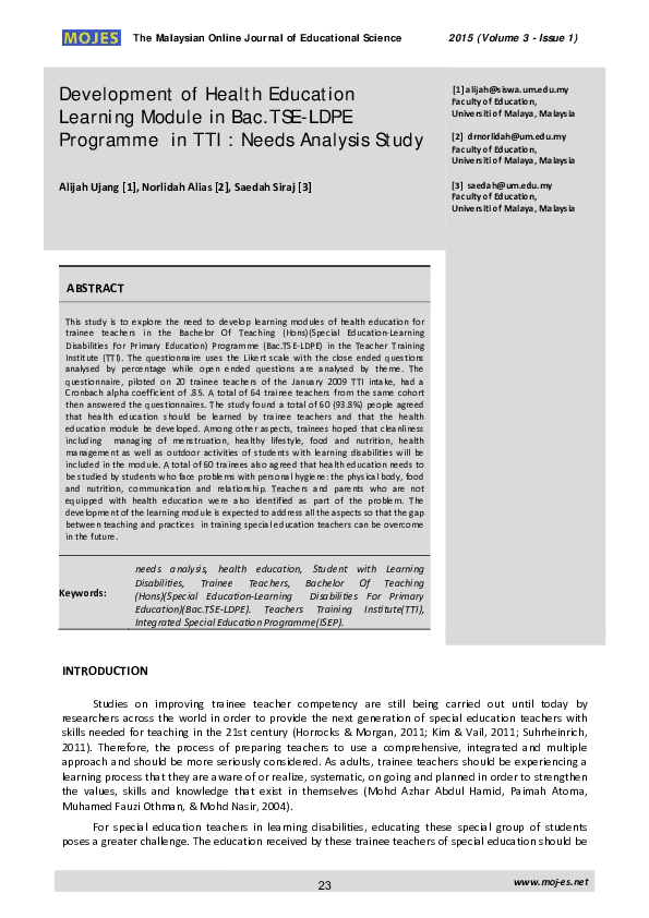 (PDF) Development of Health Education Learning Module in Bac.TSE-LDPE ...
