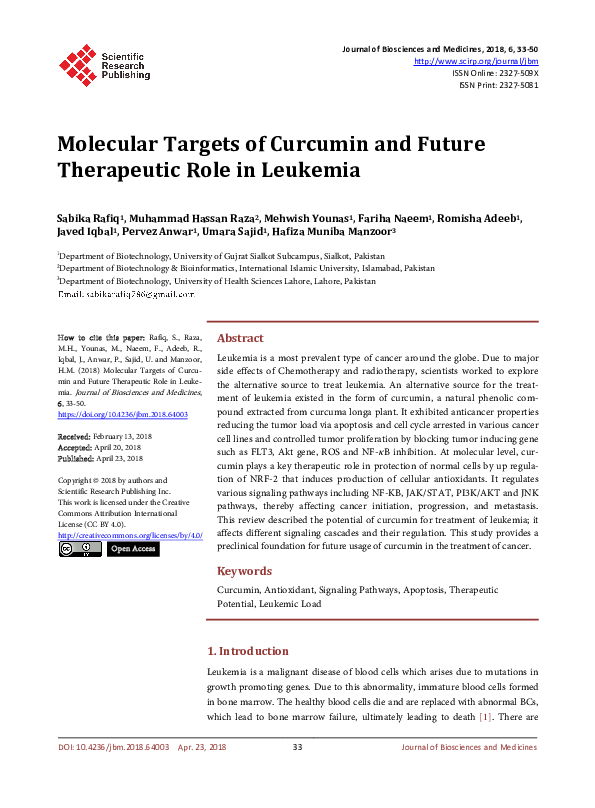 (PDF) Molecular Targets of Curcumin and Future Therapeutic Role in Leukemia