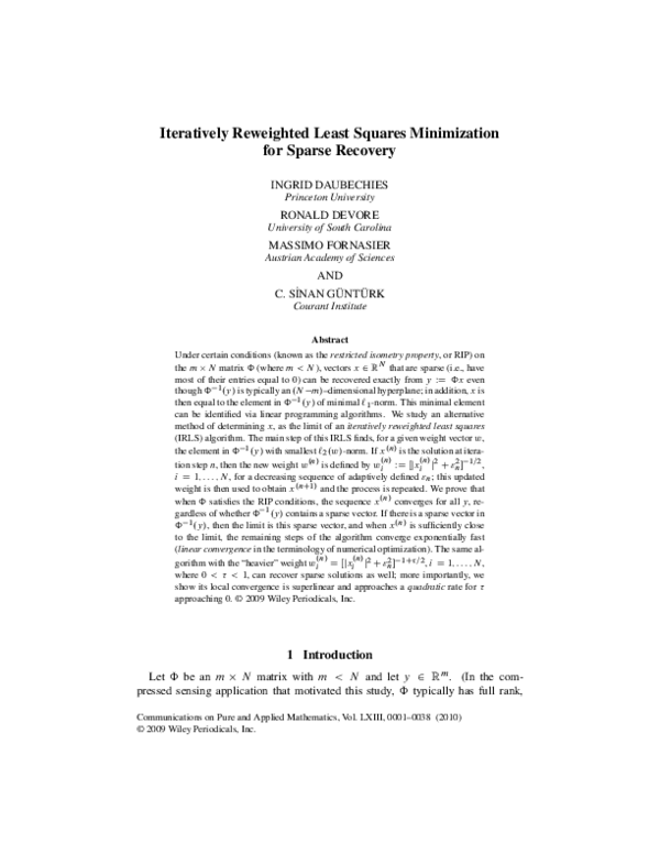 (PDF) Iteratively reweighted least squares minimization for sparse recovery