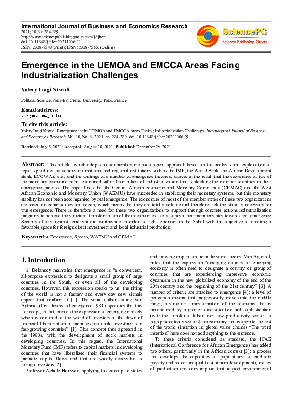 (PDF) Emergence in the UEMOA and EMCCA Areas Facing Industrialization ...