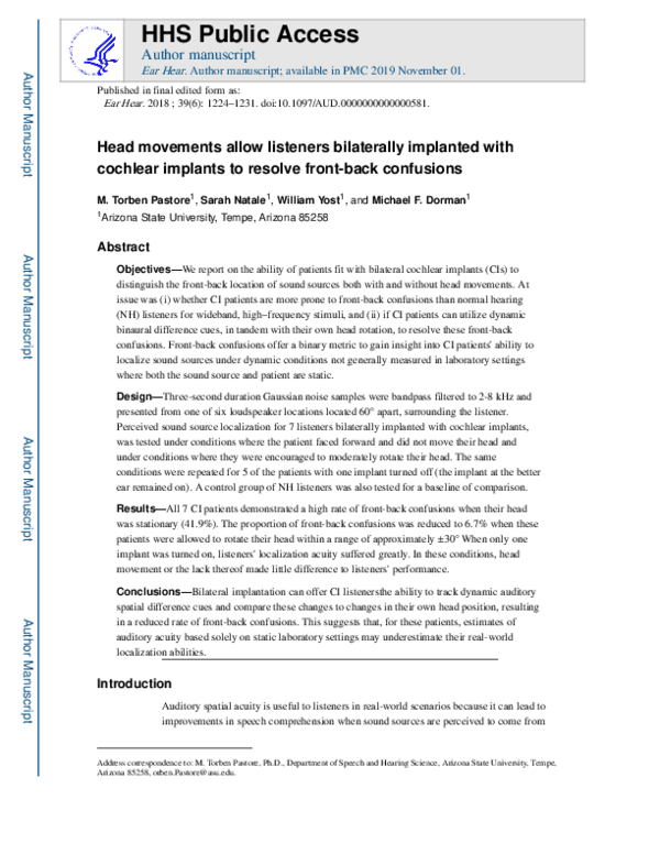 (PDF) Head Movements Allow Listeners Bilaterally Implanted With ...