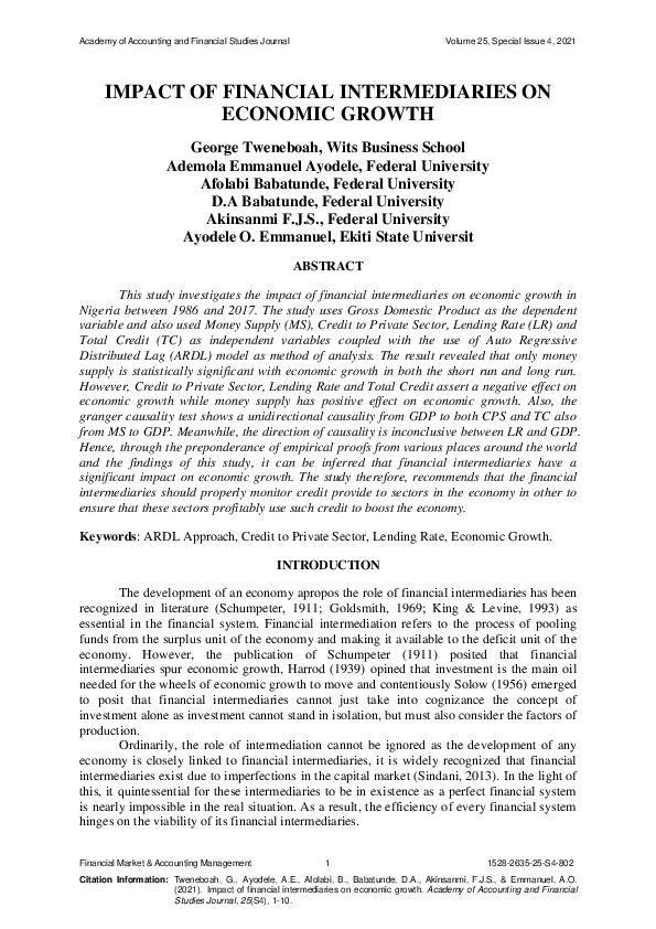 (PDF) Impact of Financial Intermediaries on Economic Growth