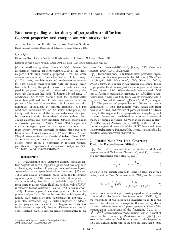 (PDF) Nonlinear guiding center theory of perpendicular diffusion ...