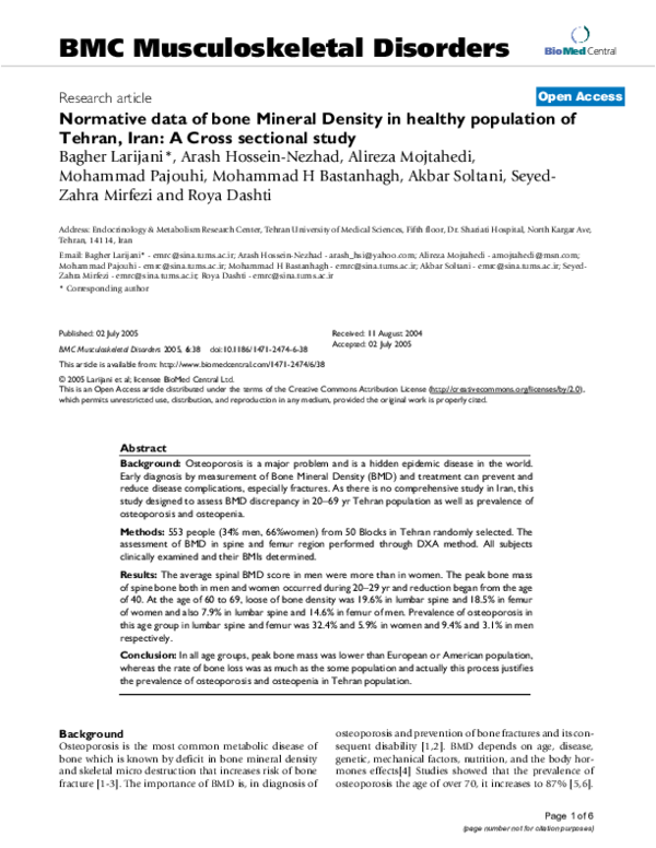 (PDF) Normative data of bone Mineral Density in healthy population of ...