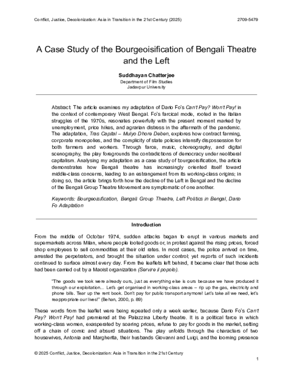 (PDF) A Case Study of the Bourgeoisification of Bengali Theatre and the ...