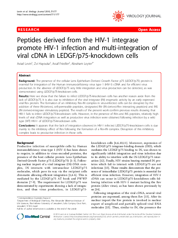 (PDF) Peptides derived from the HIV-1 integrase promote HIV-1 infection ...