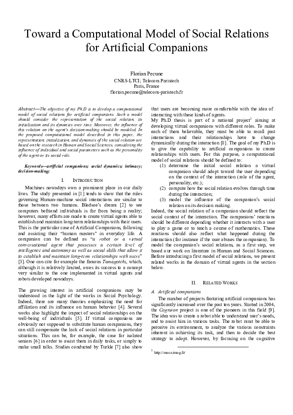 (PDF) Toward a Computational Model of Social Relations for Artificial ...