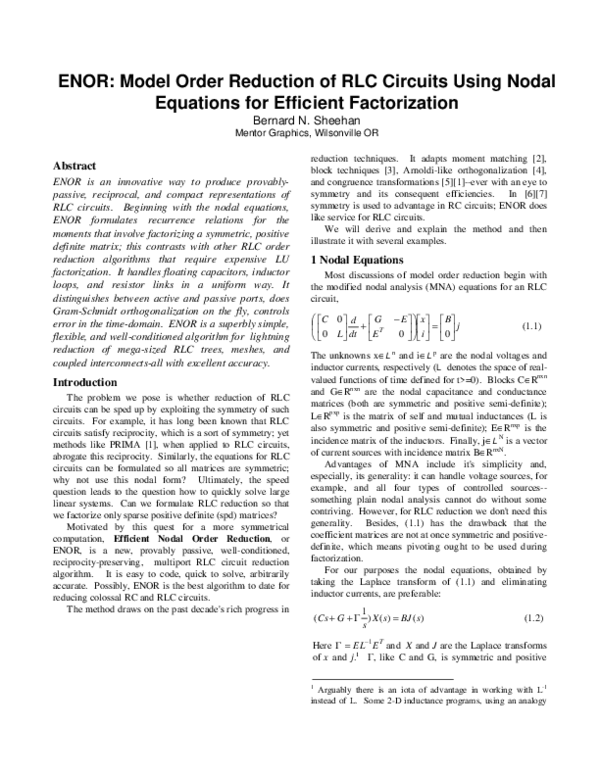 (PDF) ENOR: model order reduction of RLC circuits using nodal equations ...