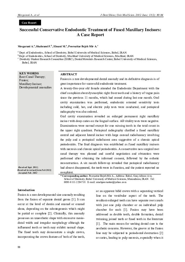 (PDF) Successful Conservative Endodontic Treatment of Fused Maxillary ...