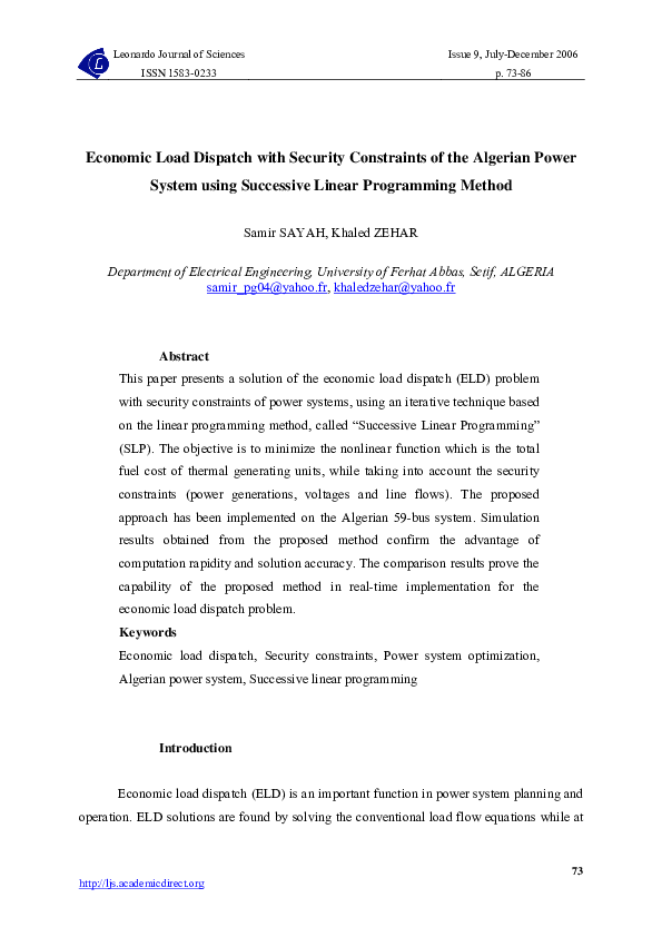 (PDF) Economic load dispatch with security constraints of the Algerian ...