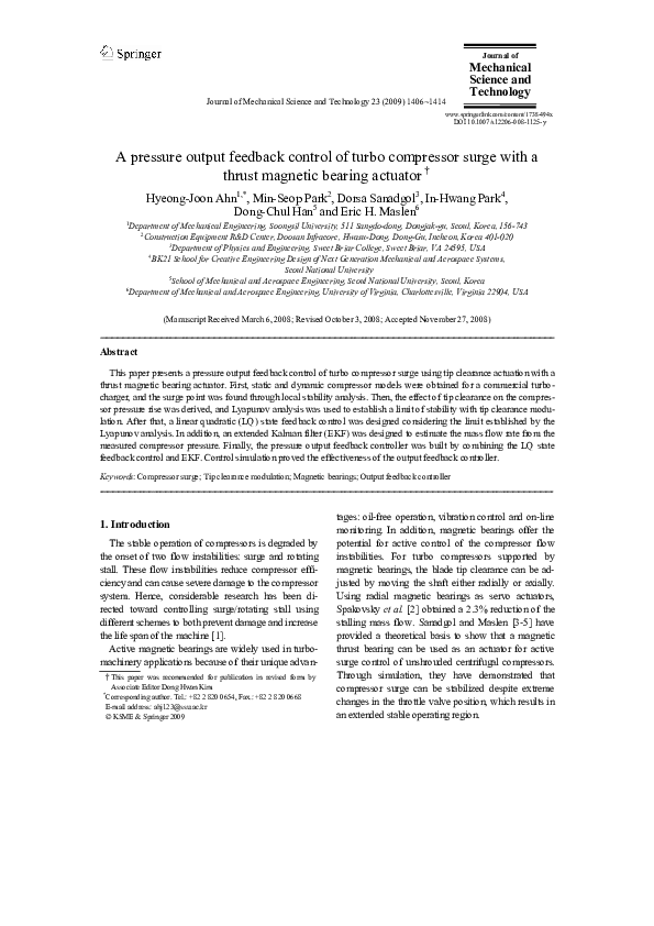 (PDF) A pressure output feedback control of turbo compressor surge with ...