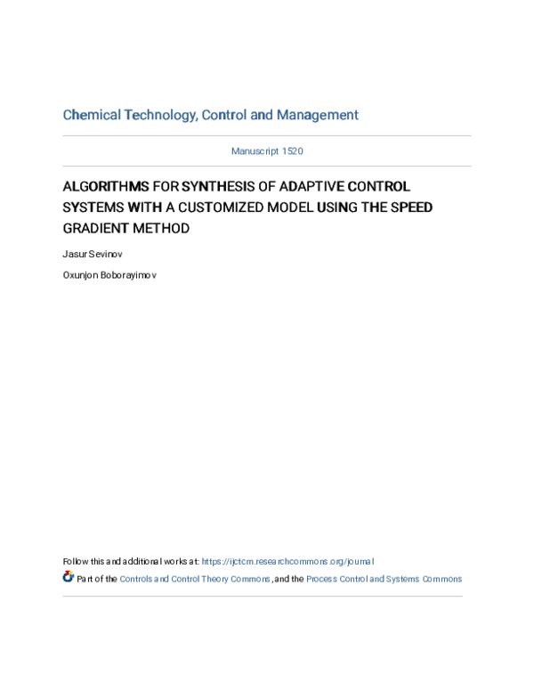 (PDF) Algorithms for Synthesis of Adaptive Control Systems with a ...