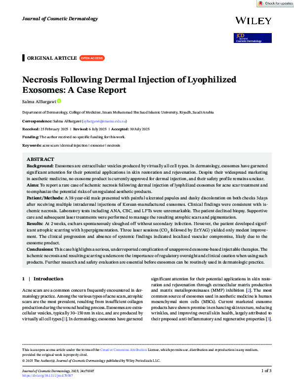 (PDF) Necrosis Following Dermal Injection of Lyophilized Exosomes: A ...