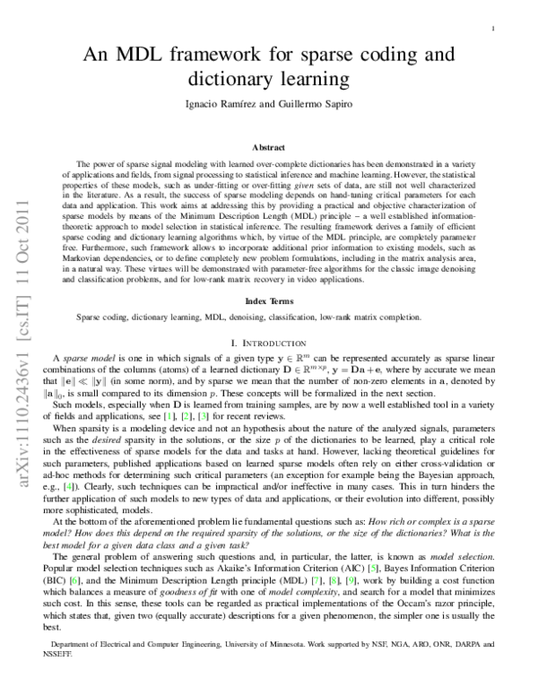 (PDF) An MDL Framework for Sparse Coding and Dictionary Learning