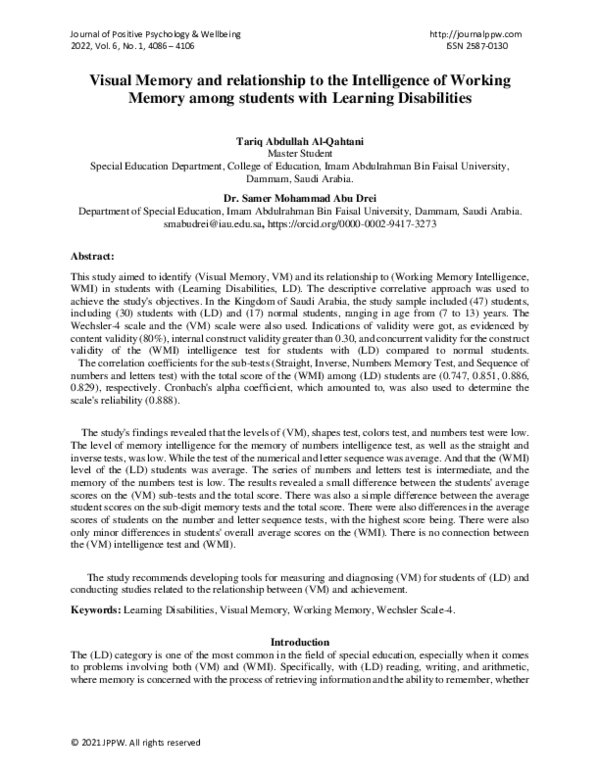 (PDF) Visual Memory and relationship to the Intelligence of Working ...