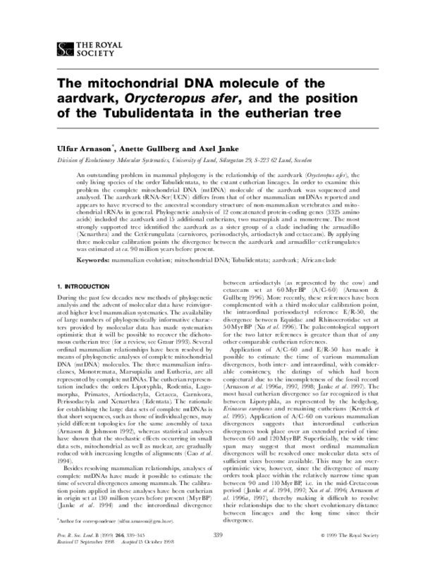 (PDF) The mitochondrial DNA molecule of the aardvark, Orycteropus afer ...