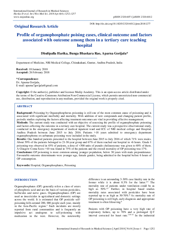 (PDF) Profile of organophosphate poising cases, clinical outcome and ...
