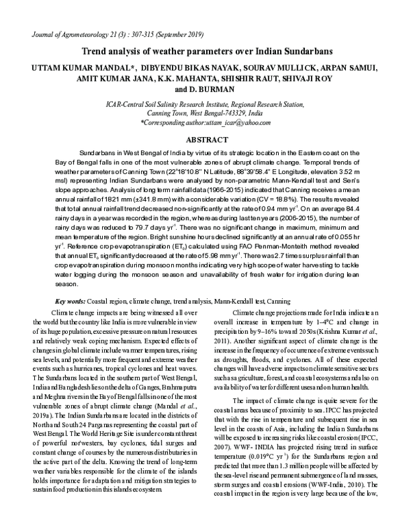 (PDF) Trend analysis of weather parameters over Indian Sundarbans