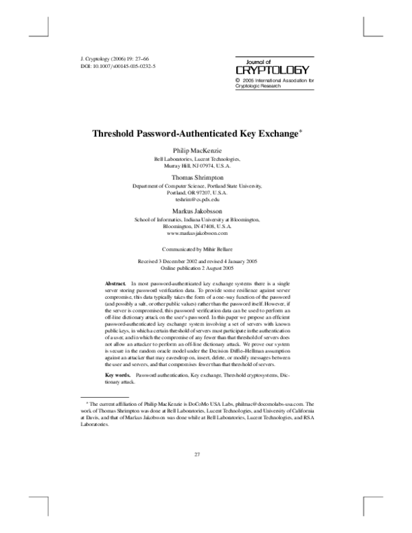 (PDF) Threshold Password-Authenticated Key Exchange