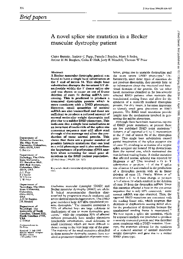 (PDF) A novel splice site mutation in a Becker muscular dystrophy patient