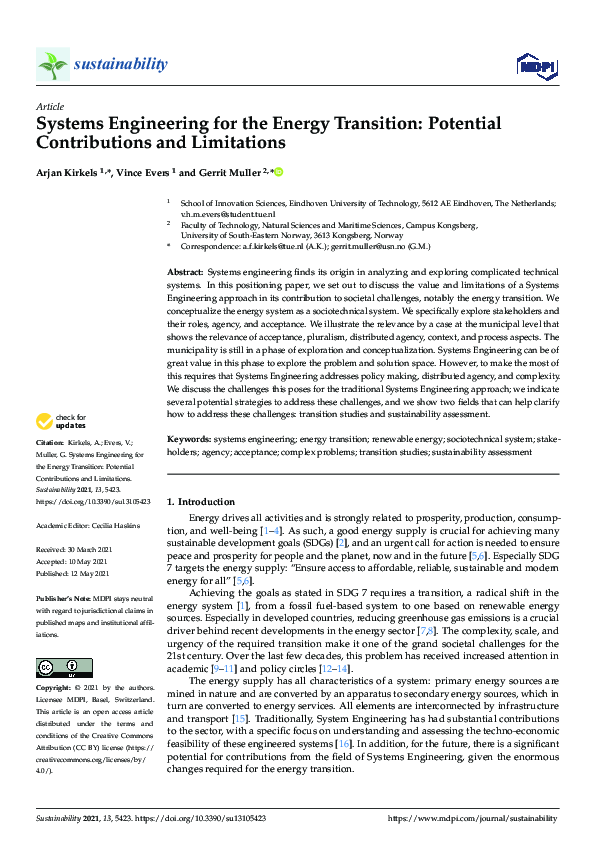 (PDF) Systems Engineering for the Energy Transition: Potential ...