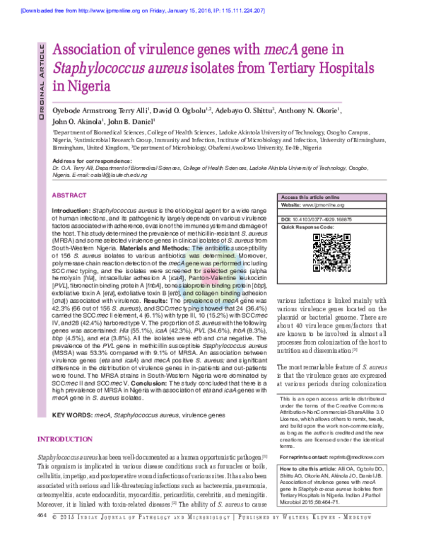 (PDF) Association of virulence genes with mecA gene in Staphylococcus ...