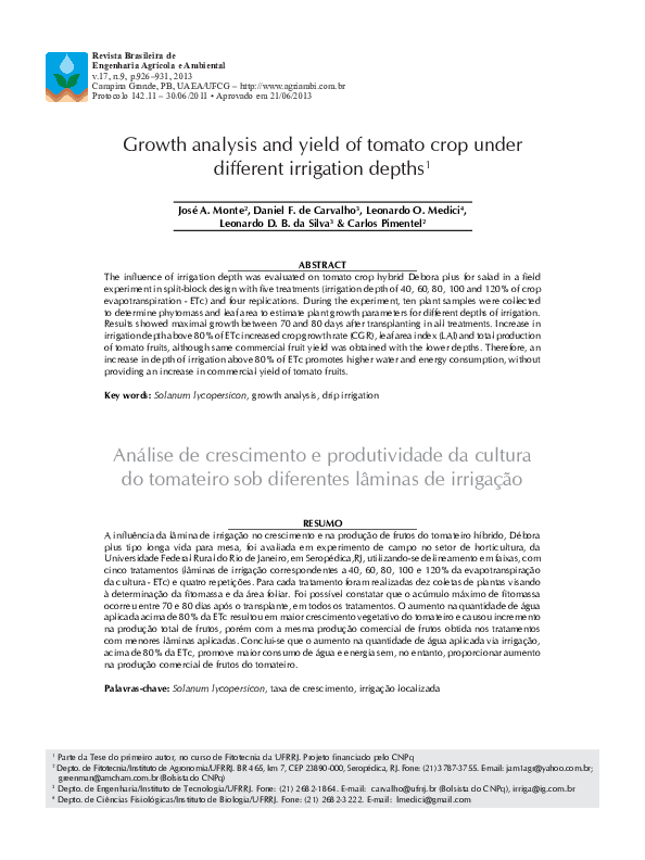 (PDF) Growth analysis and yield of tomato crop under different ...