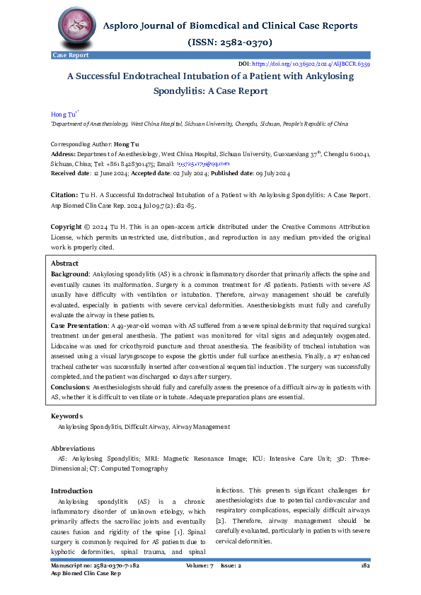 (PDF) A Successful Endotracheal Intubation of a Patient with Ankylosing ...