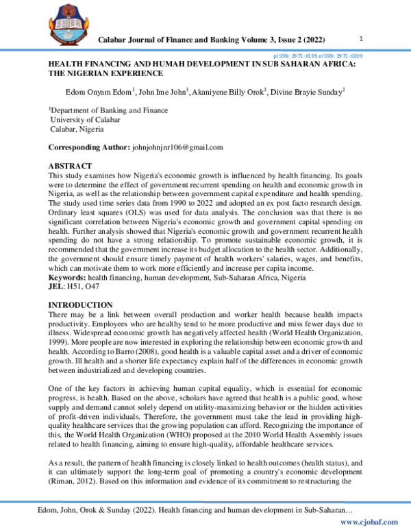 (PDF) HEALTH FINANCING AND HUMAH DEVELOPMENT IN SUB SAHARAN AFRICA: THE ...