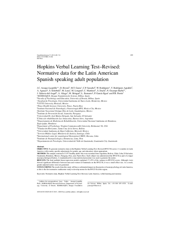 (PDF) Hopkins Verbal Learning Test– Revised: Normative data for the ...