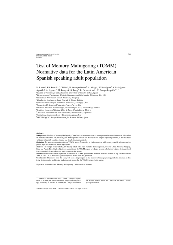 (PDF) Test of Memory Malingering (TOMM): Normative data for the Latin ...