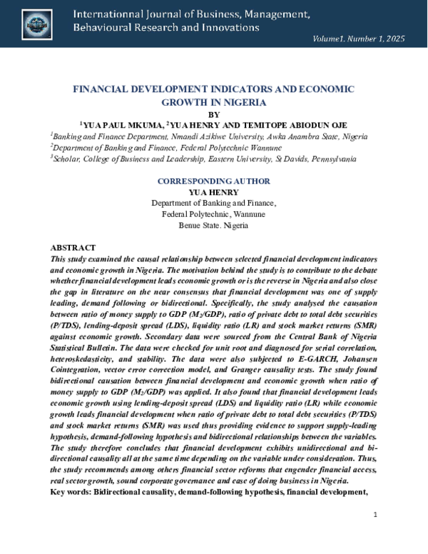 (PDF) FINANCIAL DEVELOPMENT INDICATORS AND ECONOMIC GROWTH IN NIGERIA