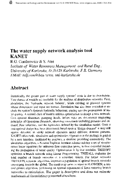 (PDF) The Water Supply Network Analysis ToolKANET