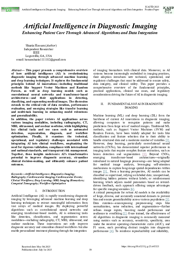 (PDF) Artificial Intelligence in Diagnostic Imaging Enhancing Patient ...