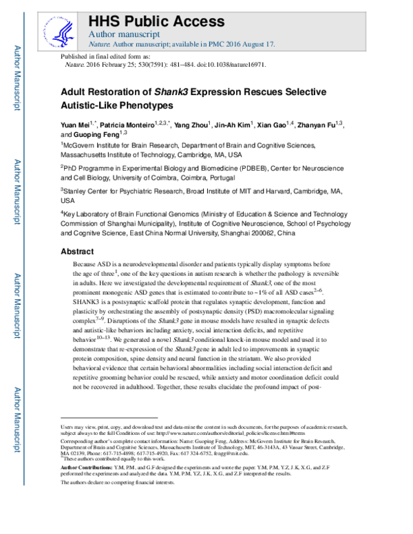 (PDF) Adult restoration of Shank3 expression rescues selective autistic ...