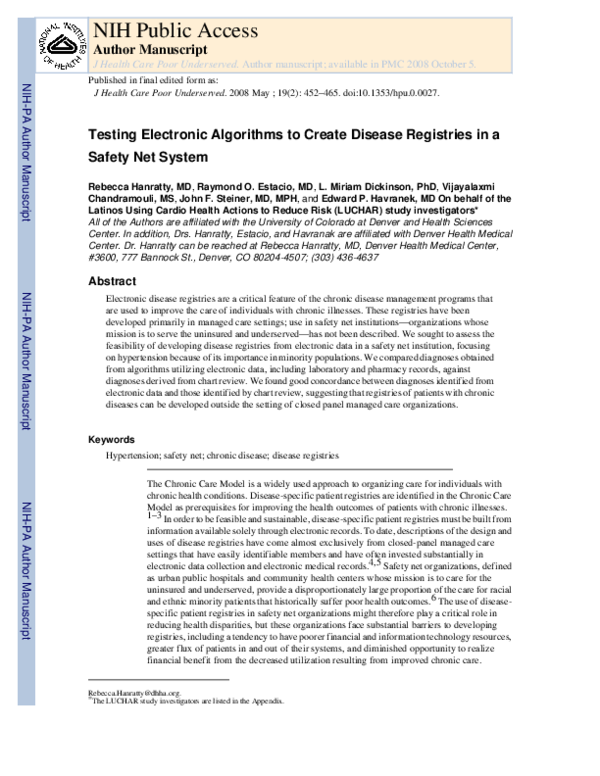 (PDF) Testing Electronic Algorithms to Create Disease Registries in a ...