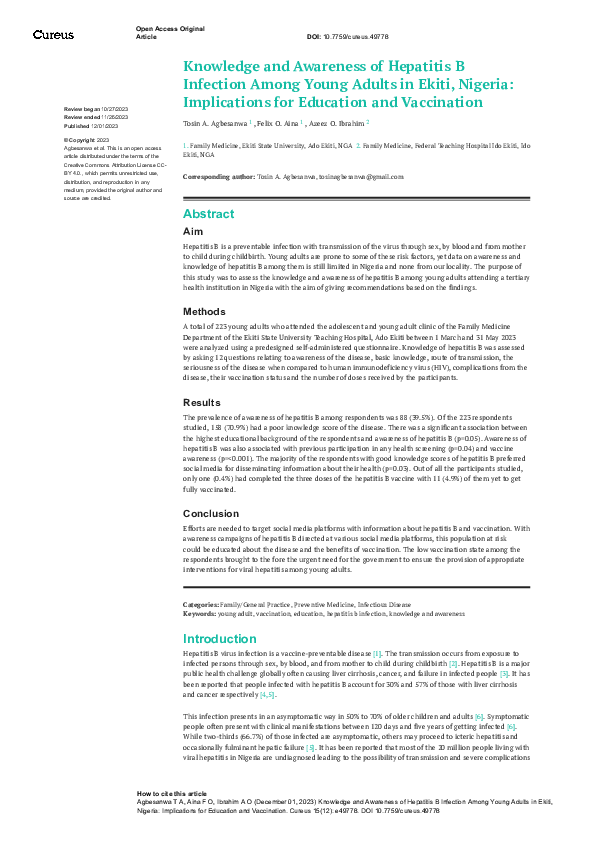 (PDF) Knowledge and Awareness of Hepatitis B Infection Among Young ...
