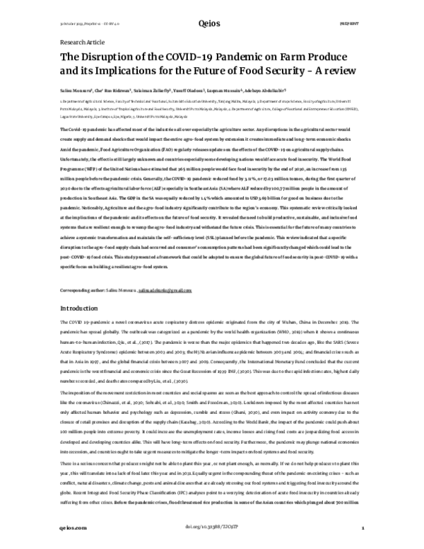 (PDF) The Disruption of the COVID-19 Pandemic on Farm Produce and its ...