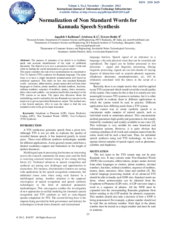 (PDF) Normalization of Non Standard Words for Kannada Speech Synthesis