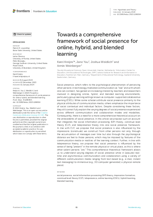 (PDF) Towards a comprehensive framework of social presence for online ...