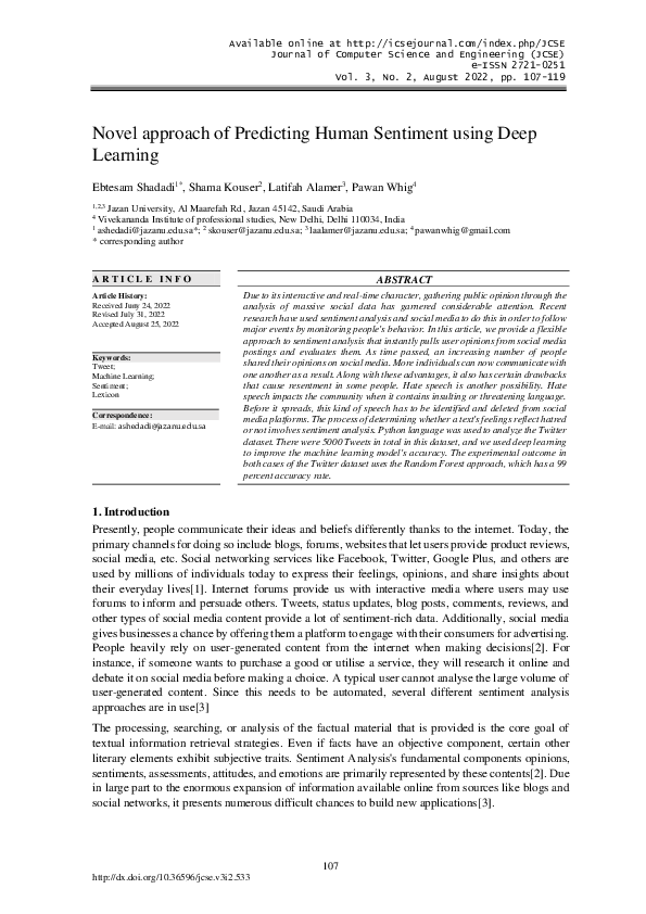 (PDF) Novel approach of Predicting Human Sentiment using Deep Learning