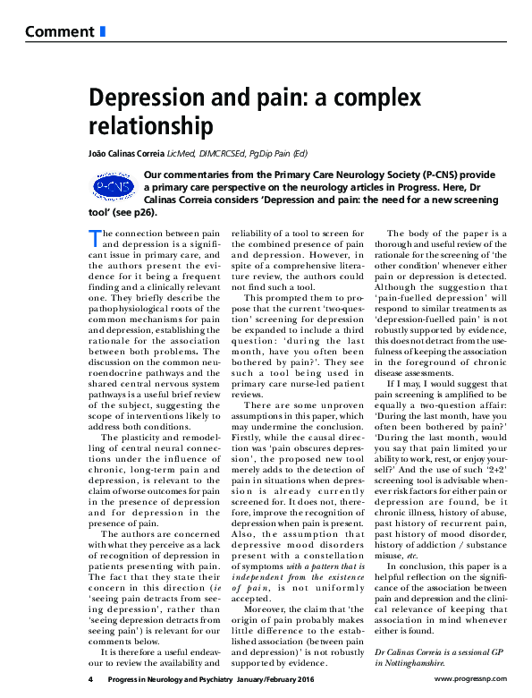 (PDF) Depression and pain: a complex relationship