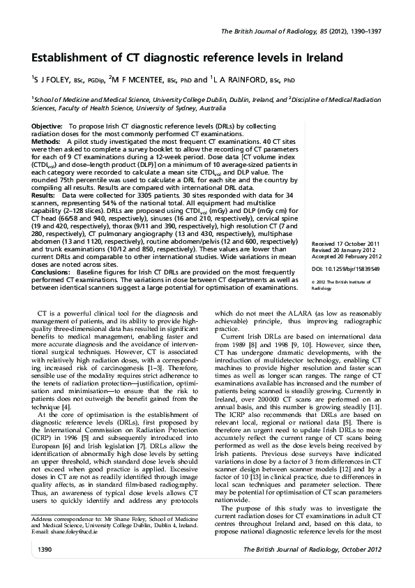 (PDF) Establishment of CT diagnostic reference levels in Ireland