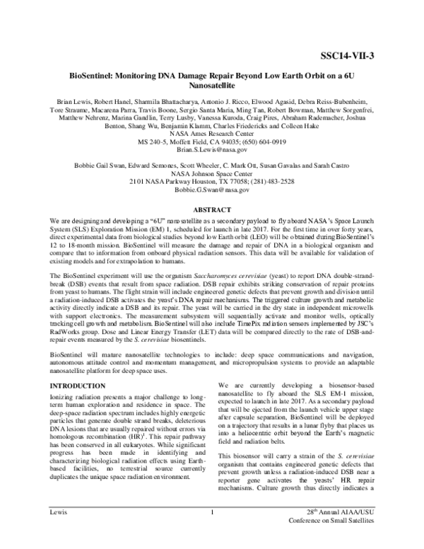 (PDF) BioSentinel: Monitoring DNA Damage Repair Beyond Low Earth Orbit ...