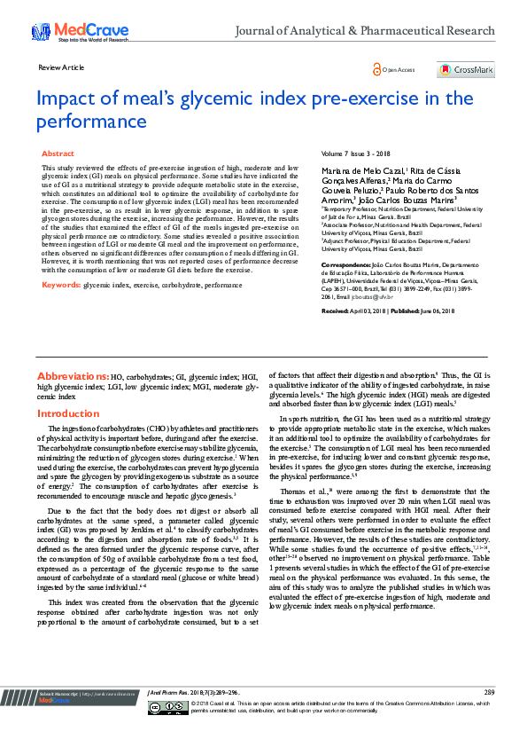 (PDF) Impact of meal’s glycemic index pre-exercise in the performance