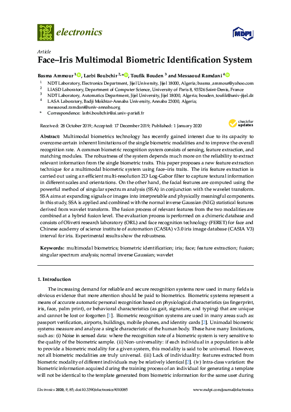(PDF) Face–Iris Multimodal Biometric Identification System