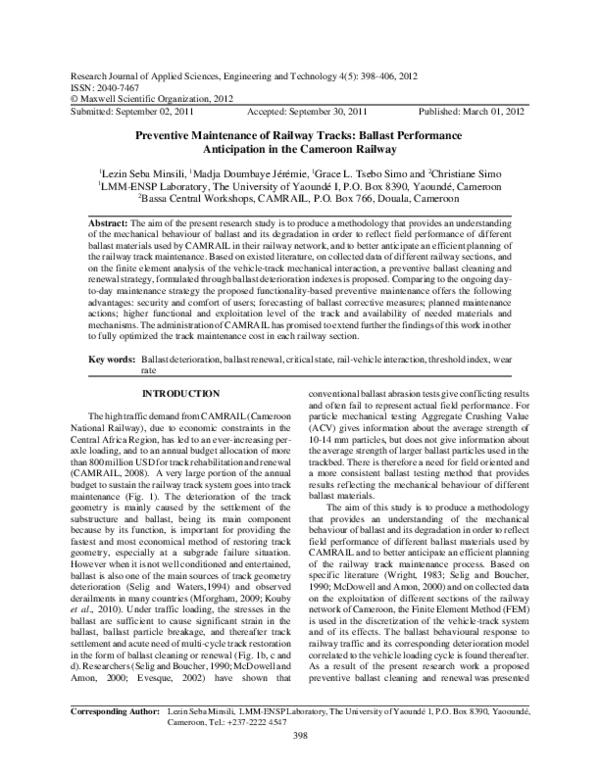 (PDF) Preventive Maintenance of Railway Tracks: Ballast Performance ...