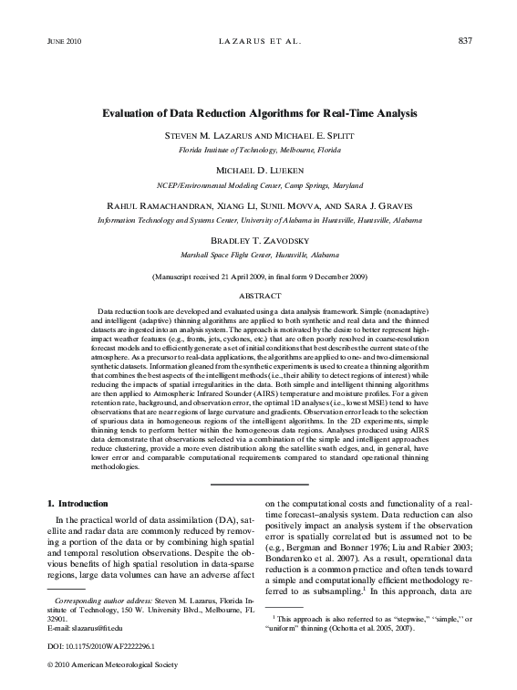 (PDF) Evaluation of Data Reduction Algorithms for Real-Time Analysis